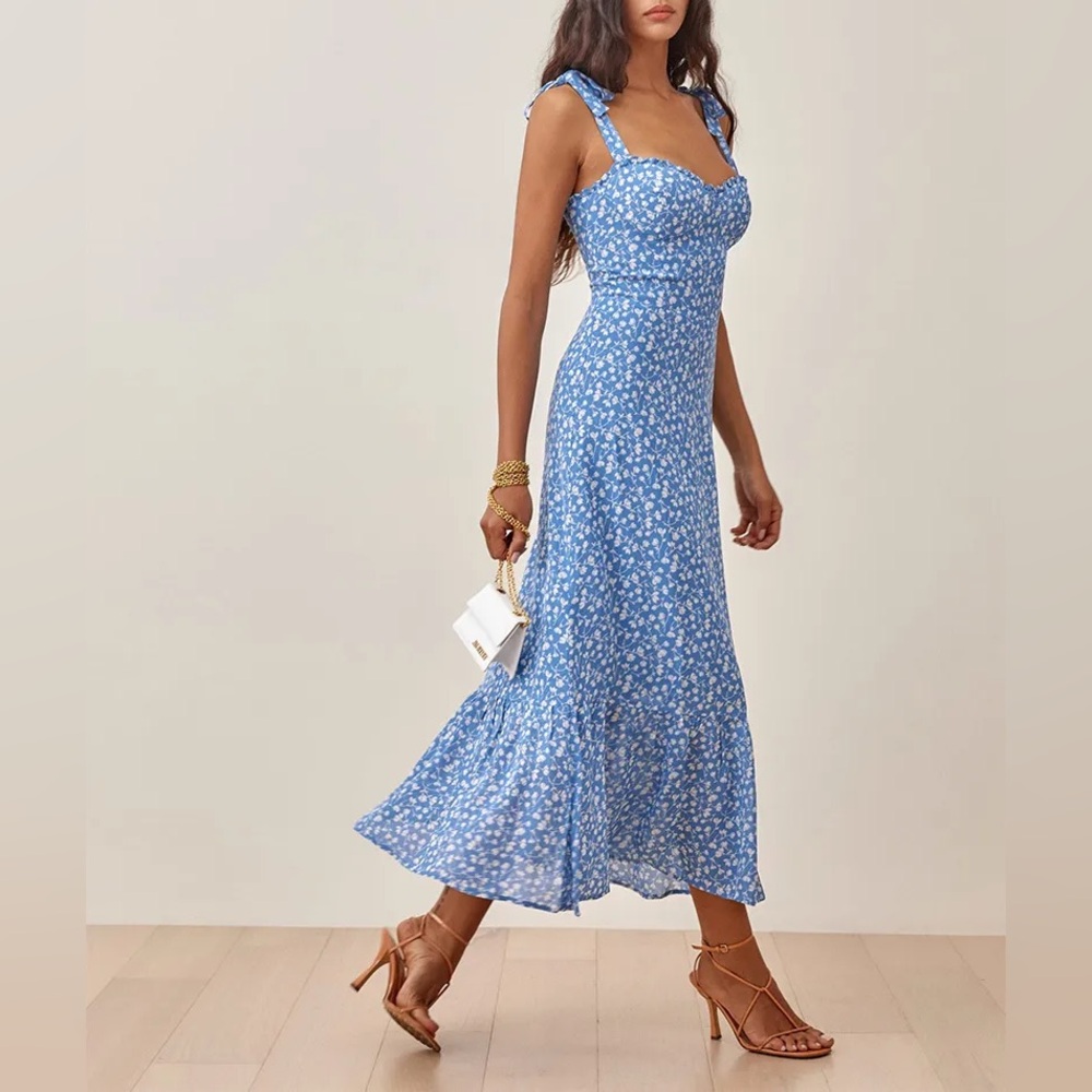 Euc Reformation Nikita Floral Sleeveless Light Blue White Flowers Dress M 8 - Picture 9 of 11